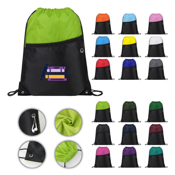 Front Zipper Two-Tone Drawstring Backpack - Image 2