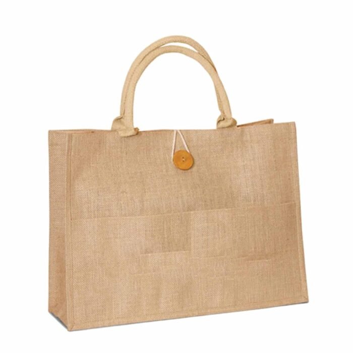 Jute Shopping Bag with Front Pocket /Buttoned Closure - Image 2