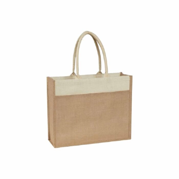Two Tone Jute Bag with Front Pocket & Cotton Webbed Handles - Image 2
