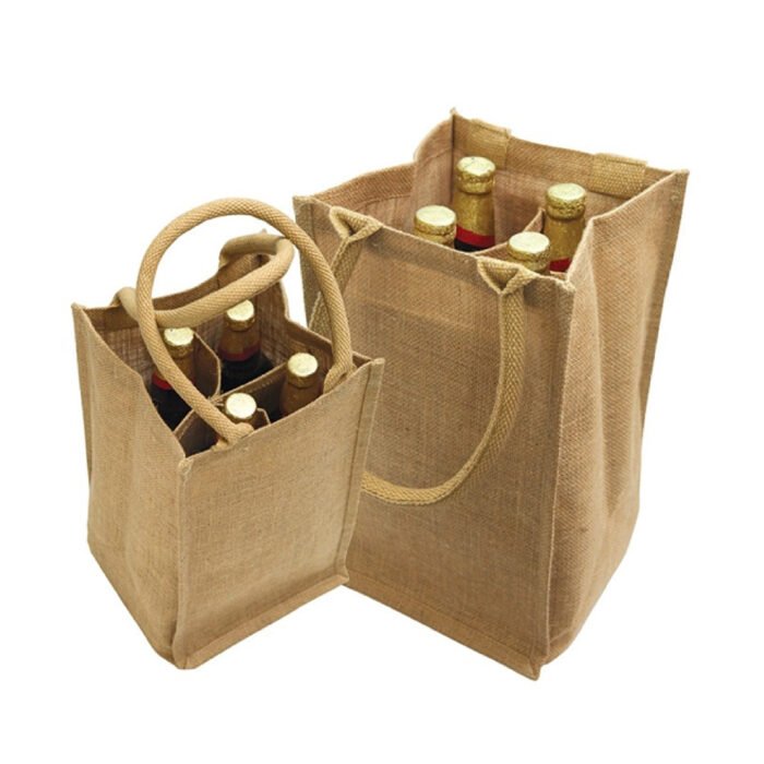 Jute / Burlap 4 Bottle Wine Bag With Cotton Webbed Handles - Image 2