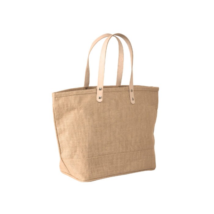Jute Tote Bag with Leather Handles/Zipper Closure and Pocket - Image 2