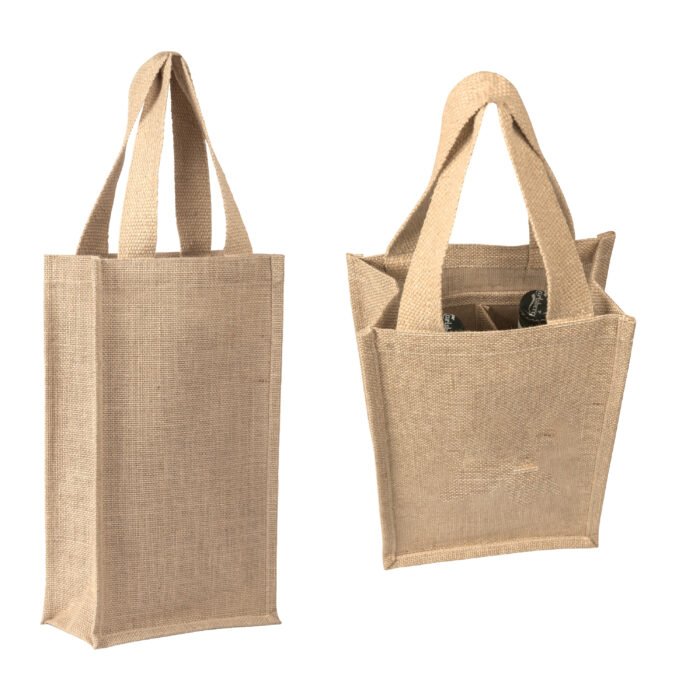 Jute / Burlap 2 Bottle Wine Bag With Cotton Webbed Handles - Image 2