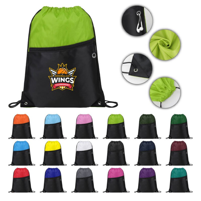 Front Zipper Two-Tone Drawstring Backpack